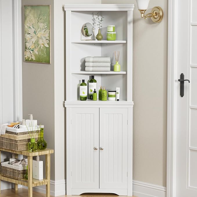 YESHOMY Corner Cabinet, Storage Cupboard with Doors, White | Tall Storage Cabinet with Adjustable Shelves, for Living Room, Bathroom, Kitchen