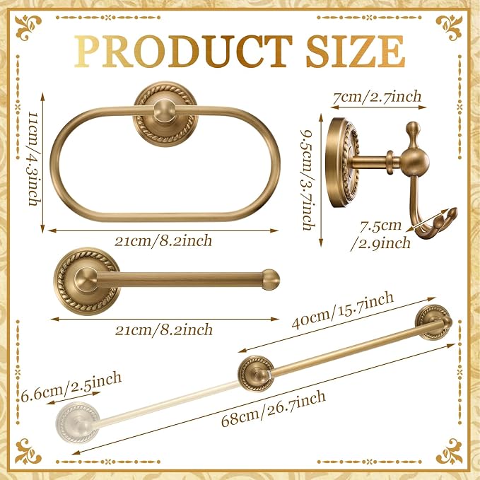 4 Pcs Antique Brass Gold Bathroom Accessories Set Wall-Mounted Towel Rack & Towel Ring & Toilet Paper Holder & Robe Hook, Wall Mounted Brass Vintage Bath Hardware Fixture Set(Style 1)