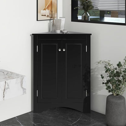 Corner Storage Cabinet with Two Doors for Bathroom, Living Room or Kitchen, Adjustable Shelf, Freestanding Floor Space Saver, Black