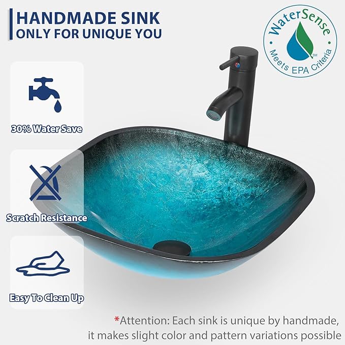 eclife 30" Floating Bathroom Vanities with Sink Combo, Wall Mounted Modern Cabinet W/Diamond Line Pattern Design, Turquoise Square Glass Vessel Sink W/Water Save Faucet & Pop Up Drain, White