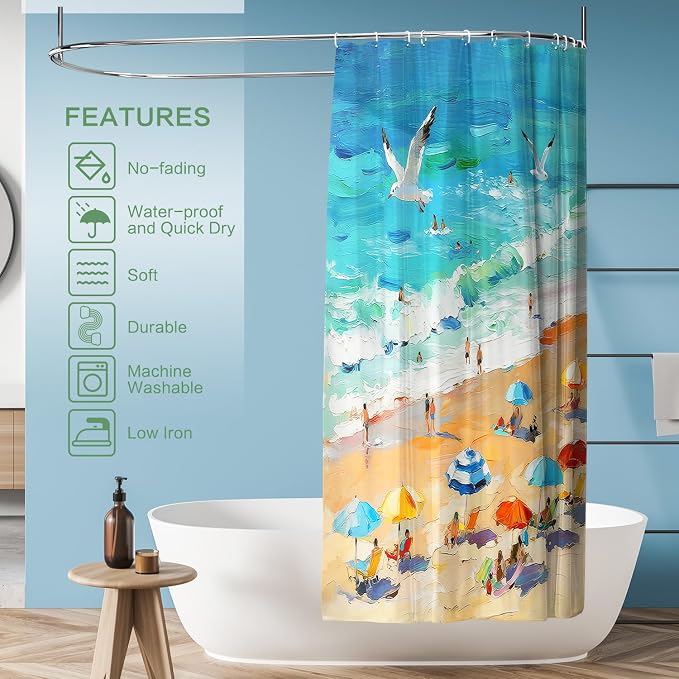 Summer Shower Curtain, Oil Painting Beach Ocean Shower Curtain Coastal Nautical Scene Seaside Seacoast Waterproof Fabric Bathroom Decor, Vacation Themed Bath Curtain for Home, Hotel & Resort