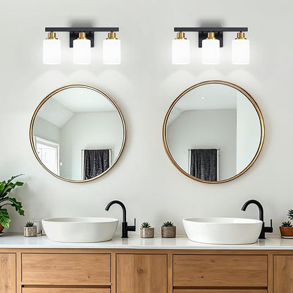 3-Light Vanity Lights,Black and Gold Bathroom Light Fixtures,17" | Modern Black Vanity Lights with White Frosted Glass Shade,Bathroom Lighting Fixtures over Mirror Wall Lamp Sconces