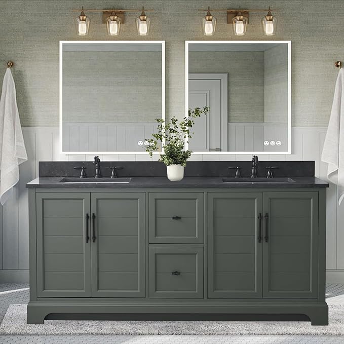 Vanity Art 72 Inch Double Sink Bathroom Vanity with Ceramic Sink and Stone Top | Undermount Rectangular Cabinet with Soft Closing Doors, Dovetailed Drawers, No Mirror VA5072-DVG