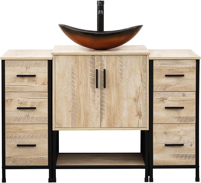 UEV 48" Rustic Oak Bathroom Vanity with Sink Combo,Industrial Iron Frame Bathroom Cabinet Sets with Double 3 Drawers Side Cabinet,Modern Brown Boat Tempered Glass Vessel Sink(029BR)