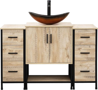 UEV 48" Rustic Oak Bathroom Vanity with Sink Combo,Industrial Iron Frame Bathroom Cabinet Sets with Double 3 Drawers Side Cabinet,Modern Brown Boat Tempered Glass Vessel Sink(029BR)
