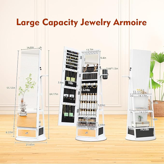 NUNU LAB 360° Swivel Mirror Jewelry Cabinet Standing 6 LEDs with Built-In Mirror, Full Length Mirror Jewelry Organizer with Lockable Storage& Drawer, Jewelry Armoire with Rear 3 Storage Shelves, White