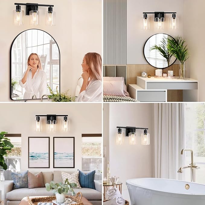 Battery Operated Wall Sconce, 3-Light Black Wireless Rechargeable Vanity Light Fixture with Remote & Bulbs, Dimmable Modern Indoor Non-Hardwired Wall Mounted Lamp for Bedroom, Living Room, Bathroom