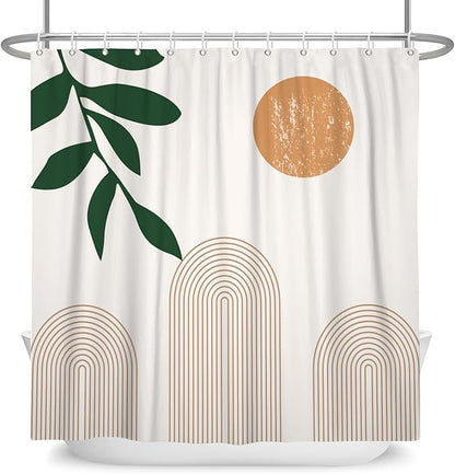 Boho Mid Century Shower Curtain Abstact Arch Sun Leaves Modern Minimalist Geometric Plant Aesthetic Shower Curtains Polyester Fabric Bathroom Decoration Curtain with Hooks 48x72 inch
