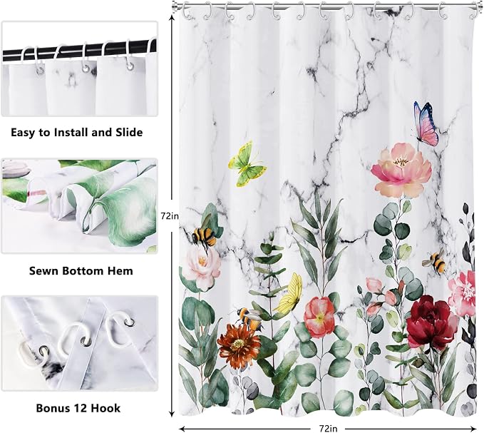 Floral Shower Curtain, Marble Flower Shower Curtains for Bathroom, Watercolor Plant Bathroom Curtain, Fabric Shower Curtains for Home Hotels Bathtubs Decor Easy Care Machine Washable 72x72
