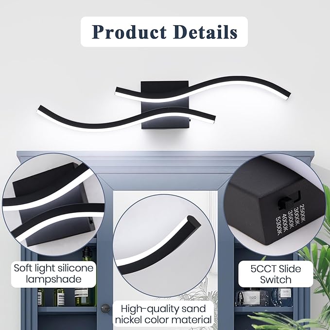 Bathroom Vanity Light Fixture, 26W 5CCT Dimmable Modern Led Bathroom Light Fixtures Over Mirror, LED Vanity Lighting Bar for Bathrooms (Black, 24inch)
