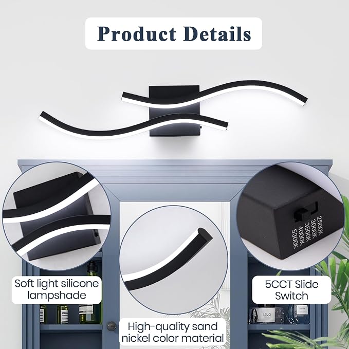 2 Packs Bathroom Vanity Light Fixture, 24in 5CCT Dimmable Modern Led Bathroom Light Fixtures Over Mirror, 26W Black LED Vanity Lighting Bar for Bathroom (Black,2 Packs, 24inch)