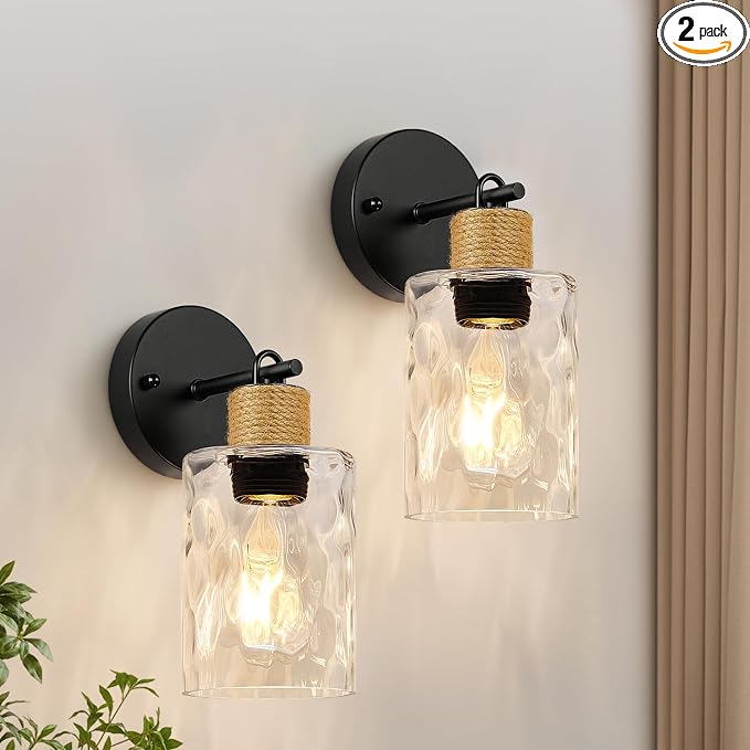 MOKATNG Set of 2 Wall Sconces for Bathroom, Coastal Modern Vanity Lights with Crystal Glass Shade, Black Bathroom Wall Lamp for Mirror Kitchen Living Room Hallway Cabinet Porch