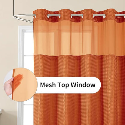 No Hook Shower Curtain with Snap in Fabric Liner, Waffle Weave Heavy Duty Thick Shower Curtains with Mesh Top Window, Hotel Style Waterproof Bathroom Curtain Set, 72 x 75 Inch, Burnt Orange