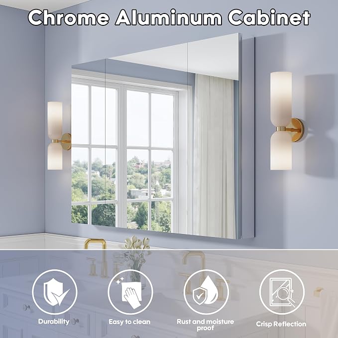 WELLFOR 48" x 36" Bathroom Medicine Cabinet with Mirror, Anodized Chrome Aluminum Frame, Surface Mount or Recessed Medicine Cabinet with Mirror, Bathroom Mirror with Storage, Three Doors