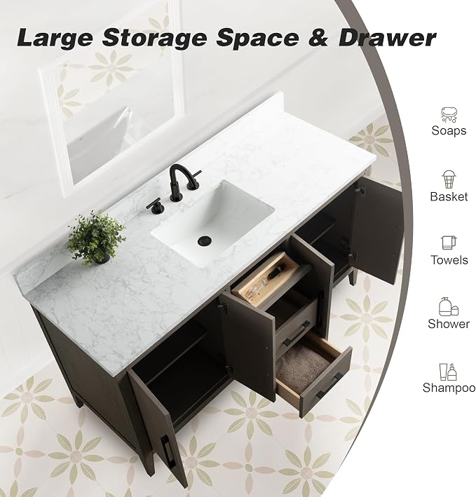 60 Inch Bathroom Vanity with Sink & Ceramic Top, Single Vanity Cabinet with Basin, Soft-Closing Doors & Matte Black Hardware, Driftwood Gray