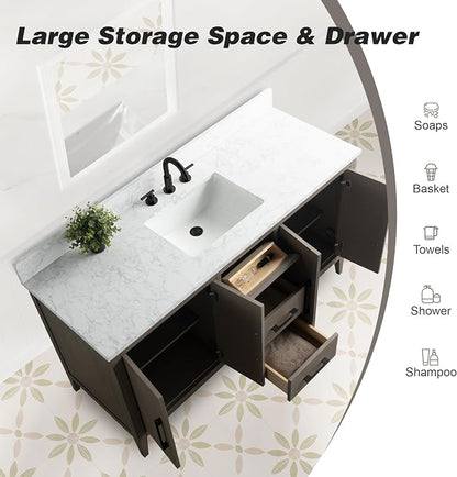 60 Inch Bathroom Vanity with Sink & Ceramic Top, Single Vanity Cabinet with Basin, Soft-Closing Doors & Matte Black Hardware, Driftwood Gray