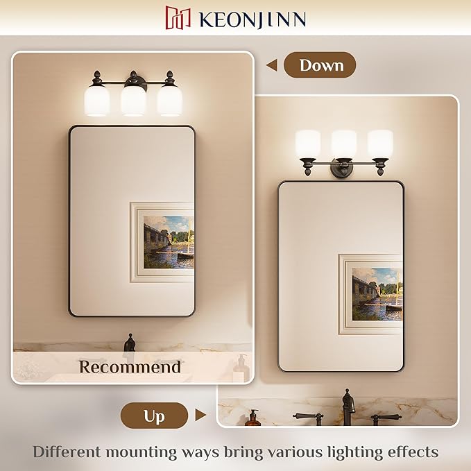 Keonjinn 4-Light Bathroom Light Fixtures, Black Vintage Vanity Lights for Mirror with Frosted Glass Shades, UL Listed E26 Base(Bulbs Not Included), Reversible Vanity Lighting Fixtures for Bathroom