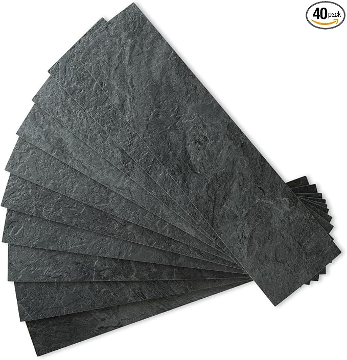 AULIGET 40-Piece Black Slate Peel and Stick Backsplash Wall Tiles, 3" x 12" PVC Faux Stone Stick on Tiles for Backsplash Kitchen, Bathroom, Laundry Room, Camper, Fireplace