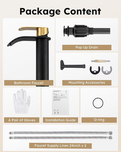 Vessel Sink Faucet Black and Gold：WOWOW Single Handle Tall Bathroom Faucet - Waterfall Single Hole Mixer Bar Tap with Large Rectangular Spout, Deck Mount Lavatory Vanity with Pop Up Drain