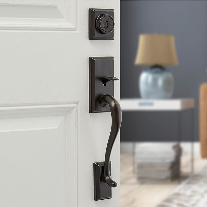 Kwikset Hawthorne Front Door Lock Handle and Deadbolt Set, Entry Handleset Exterior with Interior Door Knob, Venetian Bronze, Pick Resistant SmartKey Rekey Deadbolt Security, with Microban Protection