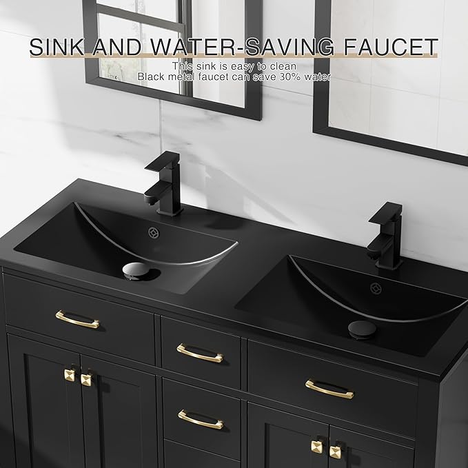 LUCKWIND 48" Bathroom Vanity with Sink Combo, Painted Modern Bathroom Storage Cabinet with Double Resin Black Sink, Four Doors and Three Drawers, Include Faucet Without Mirror, Black