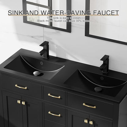 LUCKWIND 48" Bathroom Vanity with Sink Combo, Painted Modern Bathroom Storage Cabinet with Double Resin Black Sink, Four Doors and Three Drawers, Include Faucet Without Mirror, Black