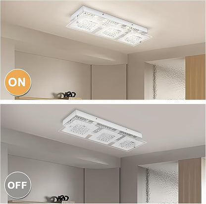 Crystal Ceiling Light Flush Mount 18 Inch Rectangular Crystal Ceiling Light Fxiture LED 4000K Dimmable Ceiling Mounted Light for Kitchen, Hallway, Bedroom, Foyer, 18W