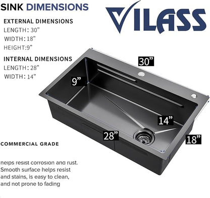 Black Kitchen Sink 30 Inch Gunmetal Black Drop In Kitchen Sink with Faucet Combo Modern Workstation Stainless Steel Sink Top Mount Single Bowl Farmhouse Kitchen Sinks