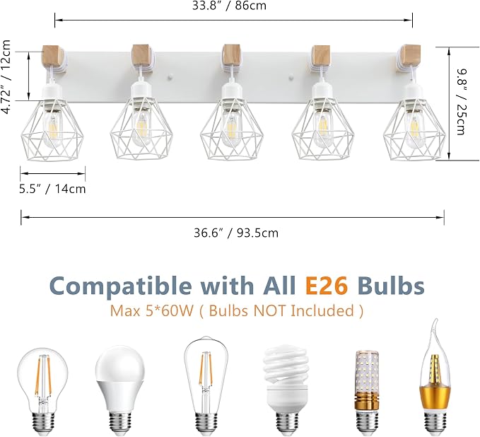 VbiTmn Bathroom Light Fixtures,5 Light White Farmhouse Wood Vanity Lights | Rustic Design, Diamond Metal Shades, Easy to Install, Wall Sconces for Bathroom, Bedroom, Makeup Area, Over Vanity Mirror