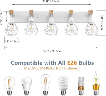 VbiTmn Bathroom Light Fixtures,5 Light White Farmhouse Wood Vanity Lights | Rustic Design, Diamond Metal Shades, Easy to Install, Wall Sconces for Bathroom, Bedroom, Makeup Area, Over Vanity Mirror