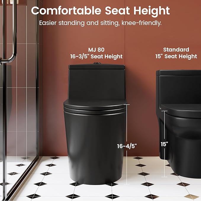 Black One Piece Toilet for Bathroom, Avg. 1.28 GPF Elongated Comfortable Seat Height Powerful Dual Flush Toilet, 12" Rough-In Skirted Toilet with Quick Release & Soft Close UF Seat, MAP 1000G