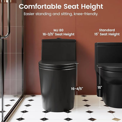 Black One Piece Toilet for Bathroom, Avg. 1.28 GPF Elongated Comfortable Seat Height Powerful Dual Flush Toilet, 12" Rough-In Skirted Toilet with Quick Release & Soft Close UF Seat, MAP 1000G