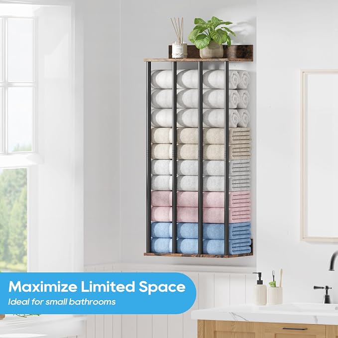 Wall Mounted 4-Bar Towel Rack with Wooden Shelf, Bathroom Storage Holder | Large Bathroom Towel Storage Rack for Rolled Towels, Farmhouse Metal Towel Organizer Shelf with Wooden Storage Shelf
