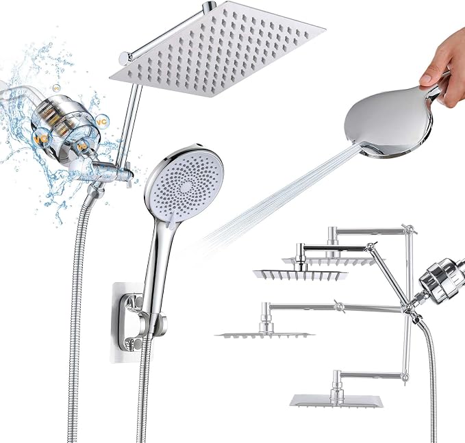 PROOX Filtered Shower Heads with Handheld Spray Combo, Rainfall Shower Head with 20 Stages Filter for Hard Water, Filtered Rain Shower Head for Hair And Skin, 12'' Adjustable Extension Arm, Chrome