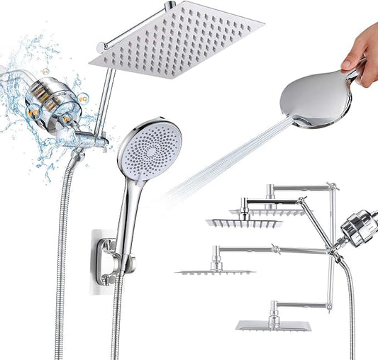 PROOX Filtered Shower Heads with Handheld Spray Combo, Rainfall Shower Head with 20 Stages Filter for Hard Water, Filtered Rain Shower Head for Hair And Skin, 12'' Adjustable Extension Arm, Chrome