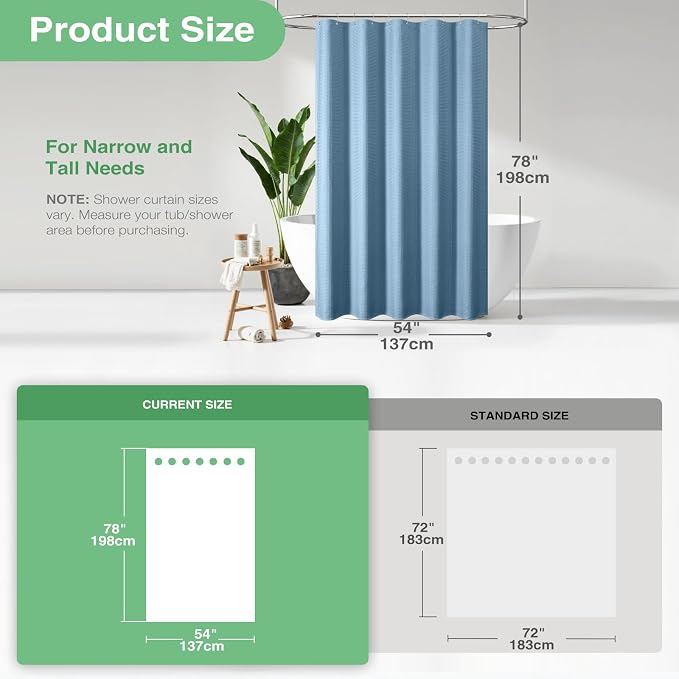 Stall Waffle Shower Curtain 256 GSM Heavy 54"x78" Moonlight Blue | 54 x 78 Inch Long, Thick Cloth, Weighted Hem, Water Repellent, Hotel Luxury Polyester Shower Curtains for Bathroom 10 Hooks