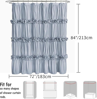 Homechoice Decor Fog Blue Ruffle Shower Curtain 72“ W x 84” H | Vintage Handcrafted Bow Tie Bath Curtain for Master Bathroom, Ruched Microfiber Bathroom Curtain with 12 Buttonholes (LQ-10)