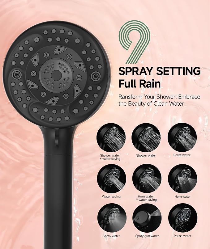SunCleanse Filtered Shower Head with Handheld, 9-Spray Setting Detachable Showerhead with Filters, Shower Head for Hard Water - Filtered Chlorine, Improve Skin and Hair Texture, Black