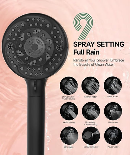 SunCleanse Filtered Shower Head with Handheld, 9-Spray Setting Detachable Showerhead with Filters, Shower Head for Hard Water - Filtered Chlorine, Improve Skin and Hair Texture, Black