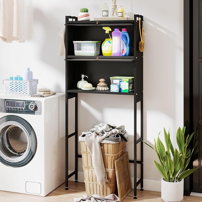 BECOMFORT Over The Toilet Storage Cabinet, Above Toilet Bathroom Shelf with Flip-up PC Doors, Metal Stand & 4 Hooks, Freestanding Space Saver, Over Toilet Bathroom Organizer for Laundry Room (Black)
