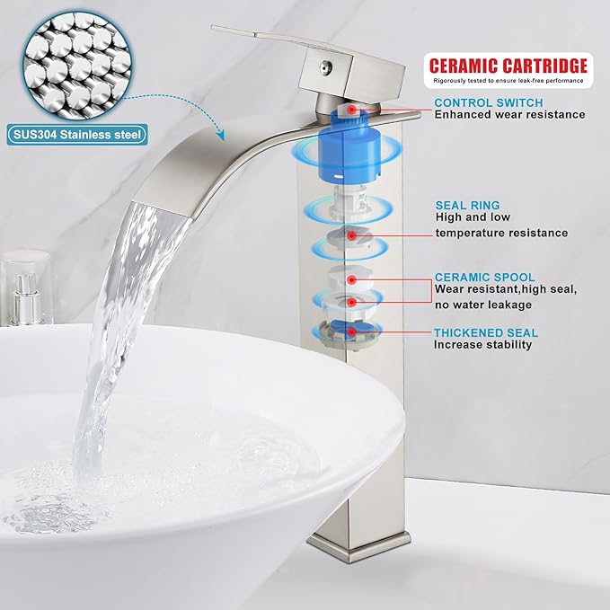 Midanya Waterfall Spout Bathroom Faucet Single Handle 1 Hole Bathroom Sink Faucet,Modern RV Lavatory Vanity Basin Tap with Water Hose,No Drain,Tall Body,Brushed Nickel