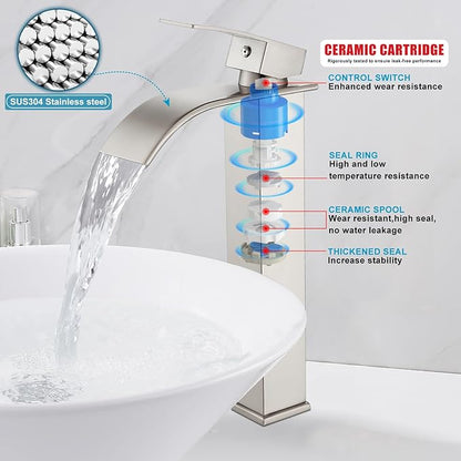 Midanya Waterfall Spout Bathroom Faucet Single Handle 1 Hole Bathroom Sink Faucet,Modern RV Lavatory Vanity Basin Tap with Water Hose,No Drain,Tall Body,Brushed Nickel