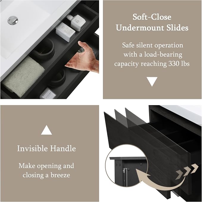 Floating Bathroom Vanity with Sink, 48" Wall-Mounted Bathroom Storage Vanity Cabinet with Resin Top Basin and Soft Close Drawers, No Assembly Required, Espresso Wood
