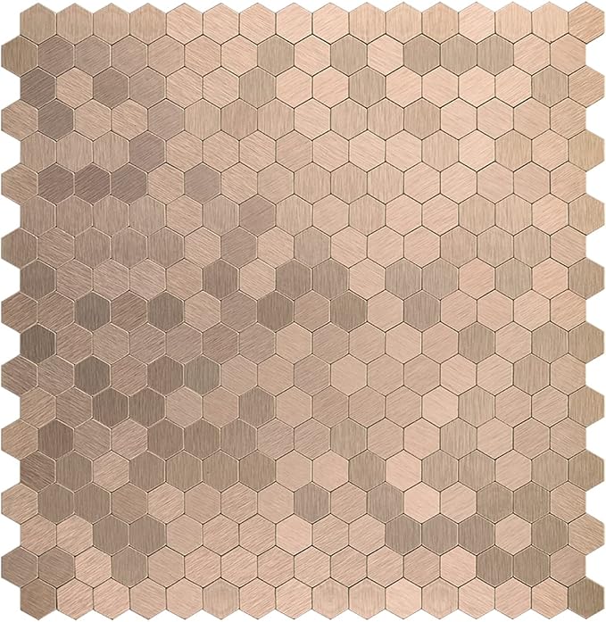 Peel and Stick Backsplash Mini Hexagon Tile, Light Copper Brushed Aluminum Metal Wall Tile for Kitchen (12 Sheets)