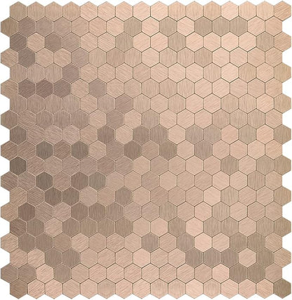 Peel and Stick Backsplash Mini Hexagon Tile, Light Copper Brushed Aluminum Metal Wall Tile for Kitchen (12 Sheets)