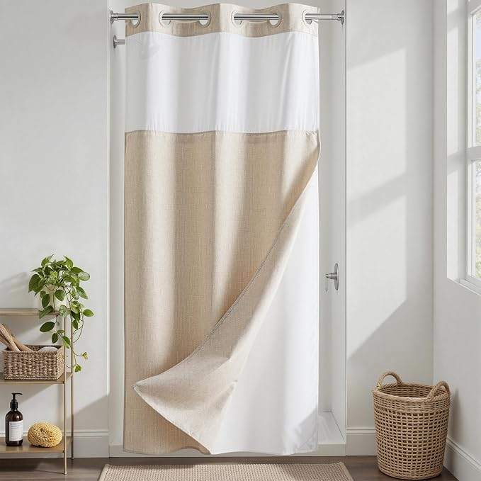 River Dream Linen Textured No Hooks Shower Curtain with Liner,Linen,36x74 | Stall,Mesh Top Window,with Snap-in Liner,Heavy Duty Fabric,Quick Dry,Bottom Magnets,Water-Repellent,Washable,Bathroom Set