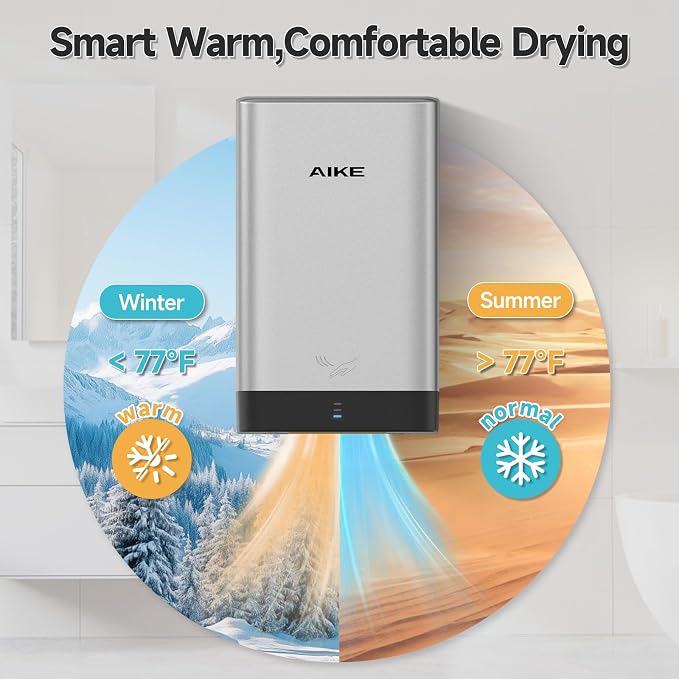 AIKE Compact Hand Dryer for Bathroom, ABS Polycarbonate 110V Silver,AK2822 | High Speed Slim Blade Hand Dryer,Plug-in Easy Install and Compact Design,Smart Warm for Home Bathroom,No Paper Waste and Cost