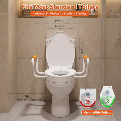 Huttdmel Elongated Bidet Toilet Seat with Handles, 2.8" Elevated Toilet Seat Riser, Soft Close, Quick Release, Non-Slip, No-Electric Wash, Adjustable Spray for Seniors, Elderly & Disabled,White