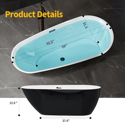 59 Inch Freestanding Bathtub, Acrylic Deep Soaking Tub, Chrome Overflow and Drain, Non-Slip Standalone Bath Tub for Bathroom, cUPC Certified, Ergonomic Modern Bath for Bathrooms