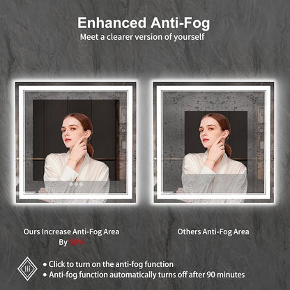 LED Mirror for Bathroom, 36x36 Inch, 3 Colors Dimmable CRI>90 Double Lights, Enhanced Anti-Fog, Hanging Plate Wall Mount Lighted Vanity Mirror